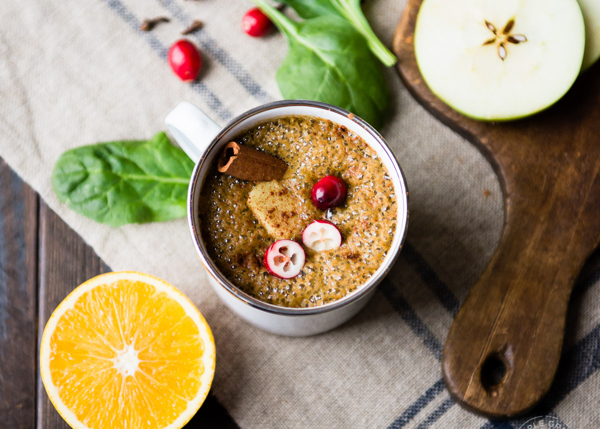 Detailed, top-down shot of Wassail Smoothie, showcasing textures, warm spices, enticing layers, and inviting appearance.