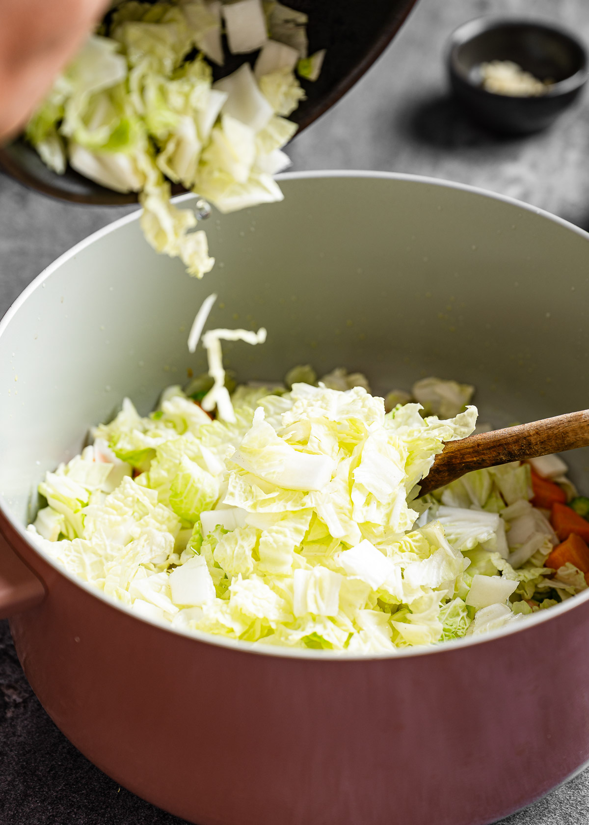 A person adding chopped cabbage in a pot