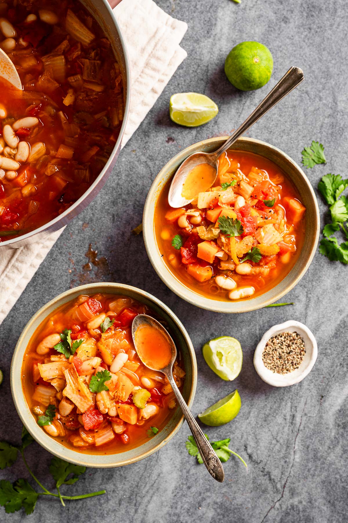 Two bowls of weight loss cabbage soup ready to eat