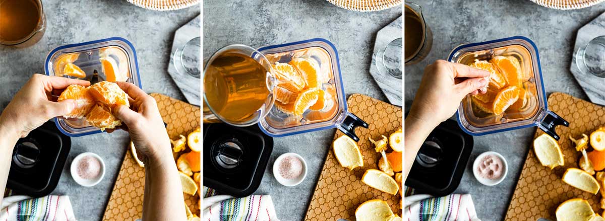 peeling oranges over a blender then pouring in coconut water and finally adding sea salt to a blender container.