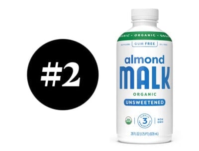Organic unsweetened almond milk bottle with #2 label.