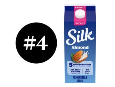 Unsweetened almond milk carton with almond image and nutritional info.