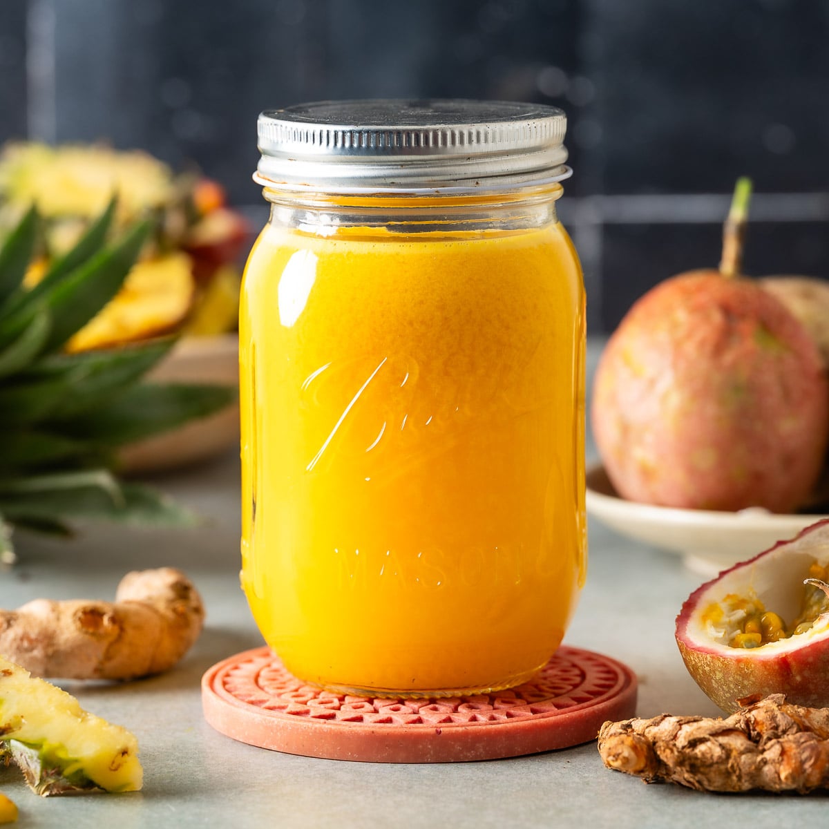 Mason jar filled with freshly made anti-inflammatory golden juice