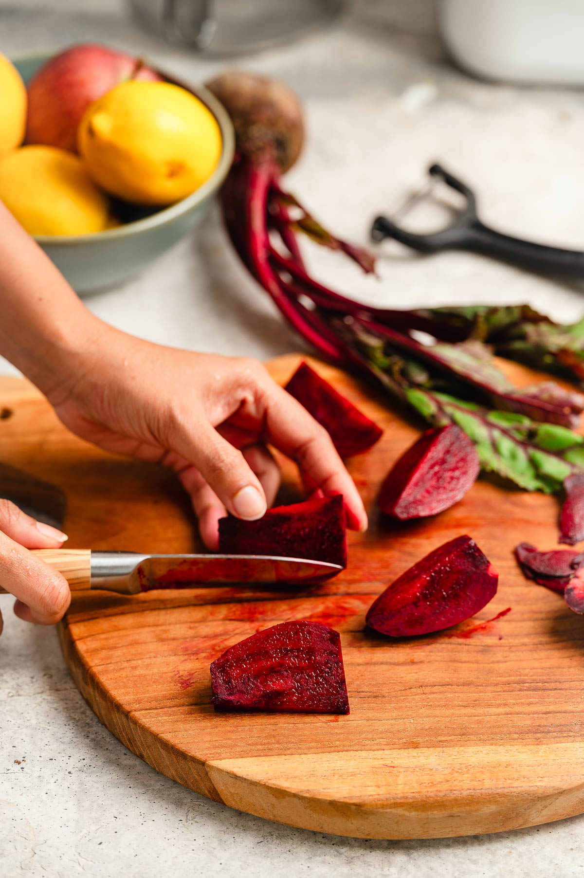 Cutting beets with a knife