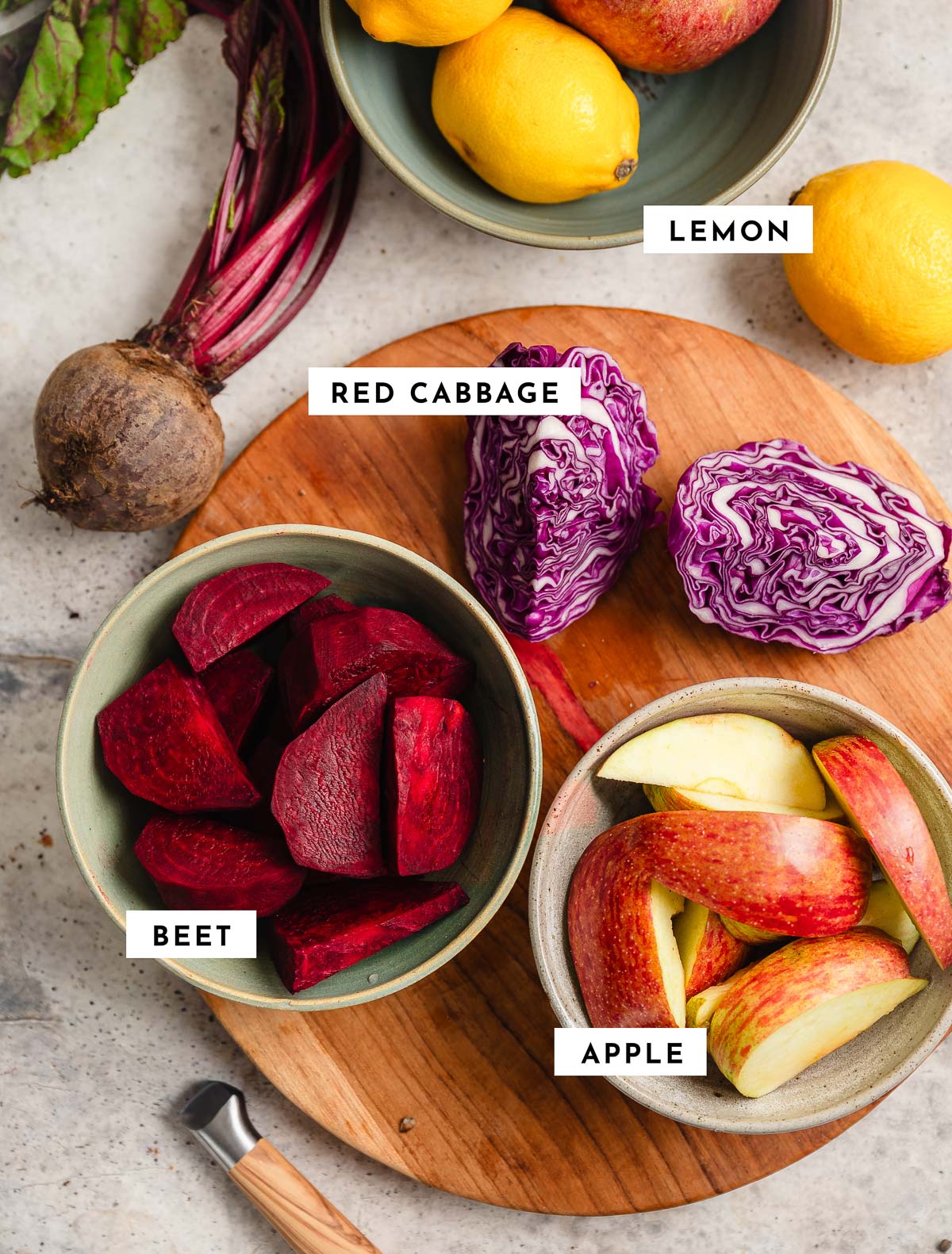 Labeled ingredients for making apple beet juice