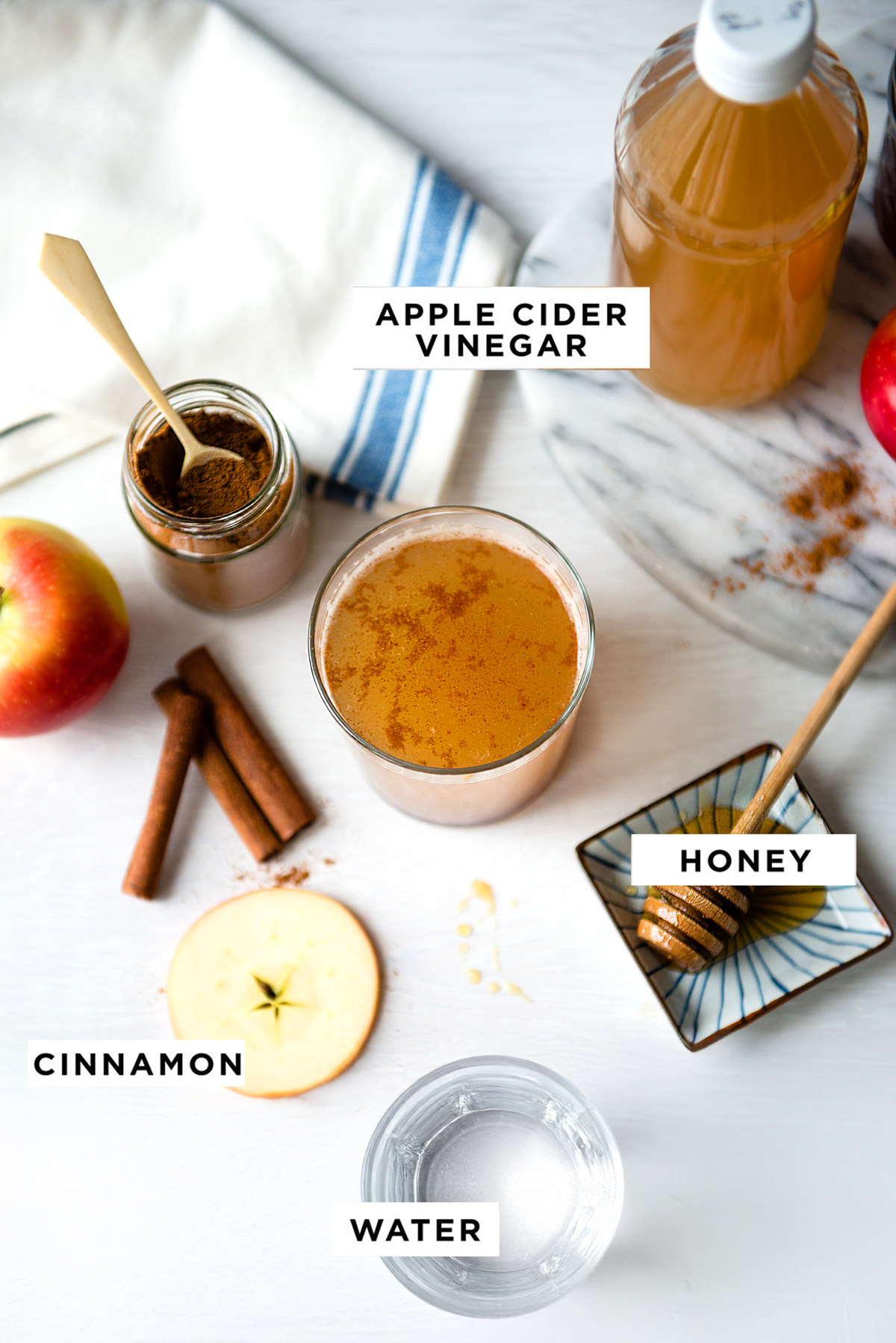 Labeled ingredients for an apple cider vinegar drink recipe