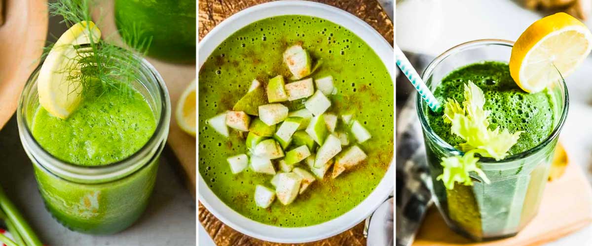 3 photos of smoothies with apple including an apple celery smoothie, a maple apple smoothie bowl and a fruit and vegetable green smoothie