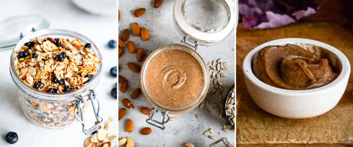 easy and healthy snack options including granola, nut butter and caramel apple dip.