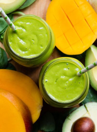two glasses of avocado banana smoothie.