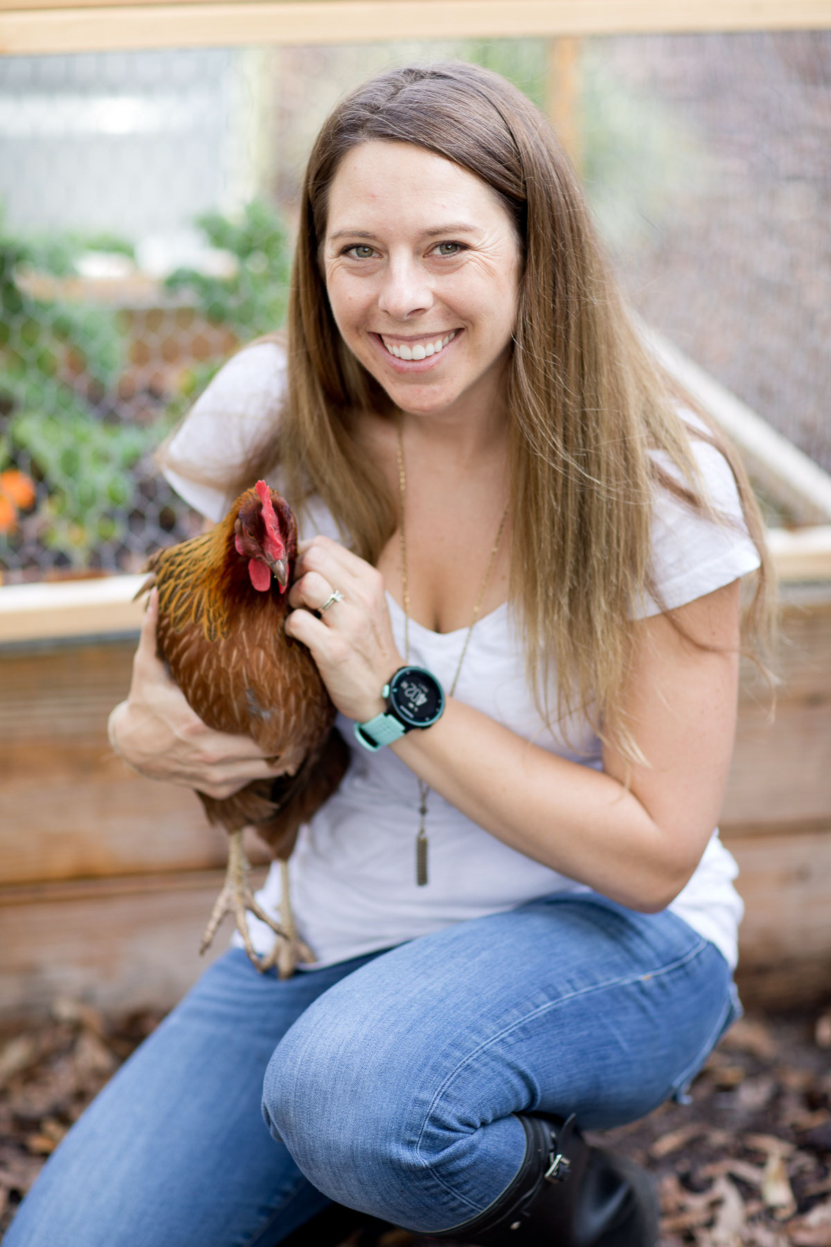 Jen holding one of her chickens