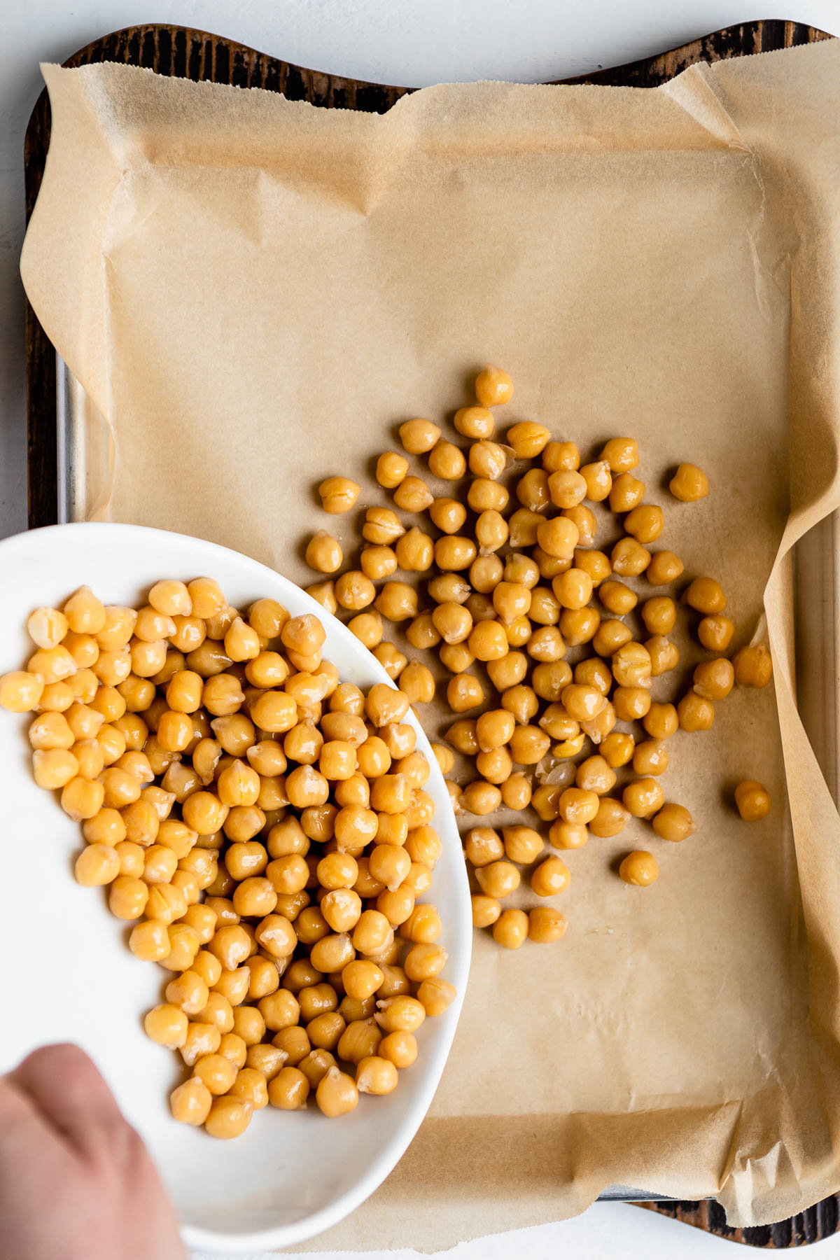 pouring garbanzo beans onto a parchment lined baking sheet. 