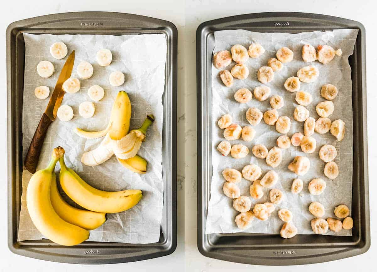 2 trays of sliced bananas on parchment getting ready to be frozen.