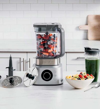 Ninja foodie blender with attachments in white kitchen
