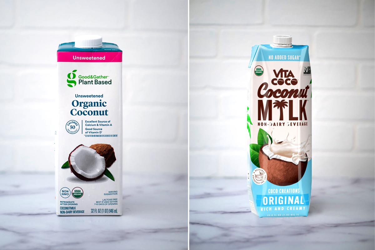 top coconut beverages in cartons: Good and Gather Plant-Based Unsweetened Organic and Vita Coco Non-Dairy Beverage.