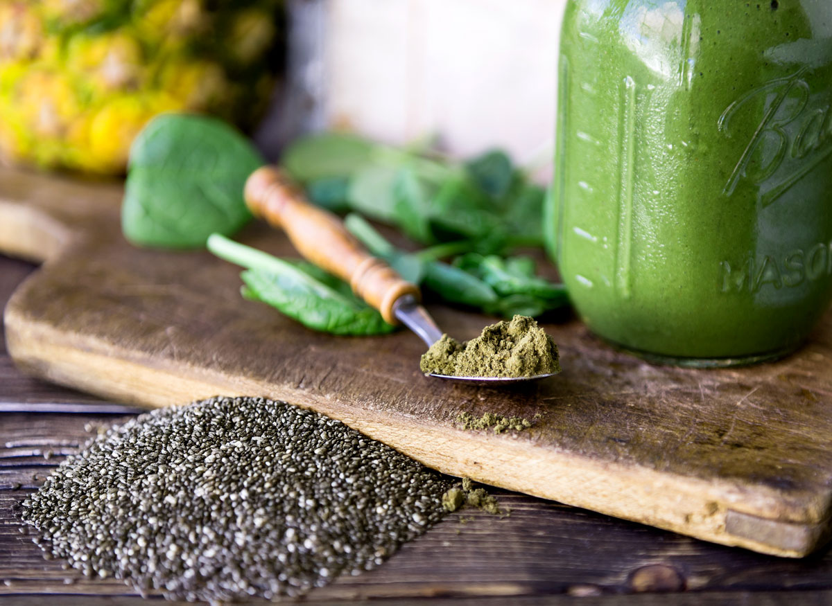 Close up of chia seeds and protein powder to add to a green smoothie recipe.