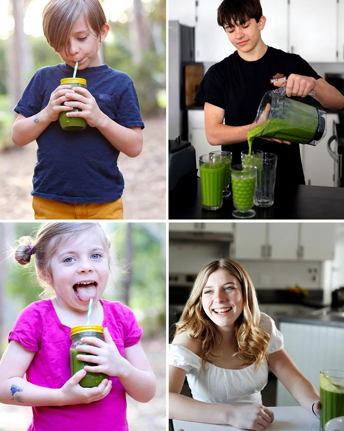 Kids drinking the best green smoothie recipe.