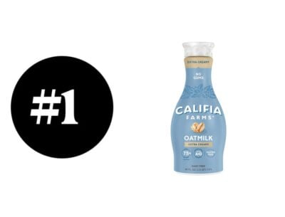 Califia Farms oat milk bottle with no gums label, dairy free, extra creamy.