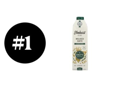 Elmhurst Milked Oats carton, top-rated oat milk for smoothies.