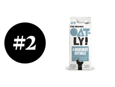 Oatly oat milk carton with 4 ingredients, no added sugar or gluten.