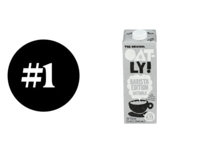Oatly Barista Edition oat milk carton with '#1' symbol for best oat milk brand.