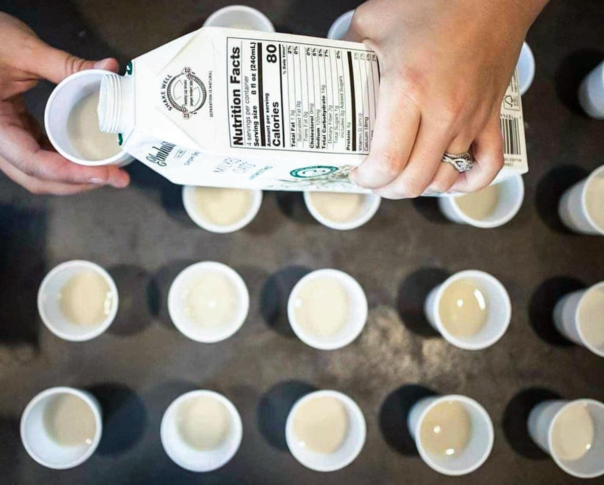 pouring elmhurst oat milk into small white paper cups to taste test.