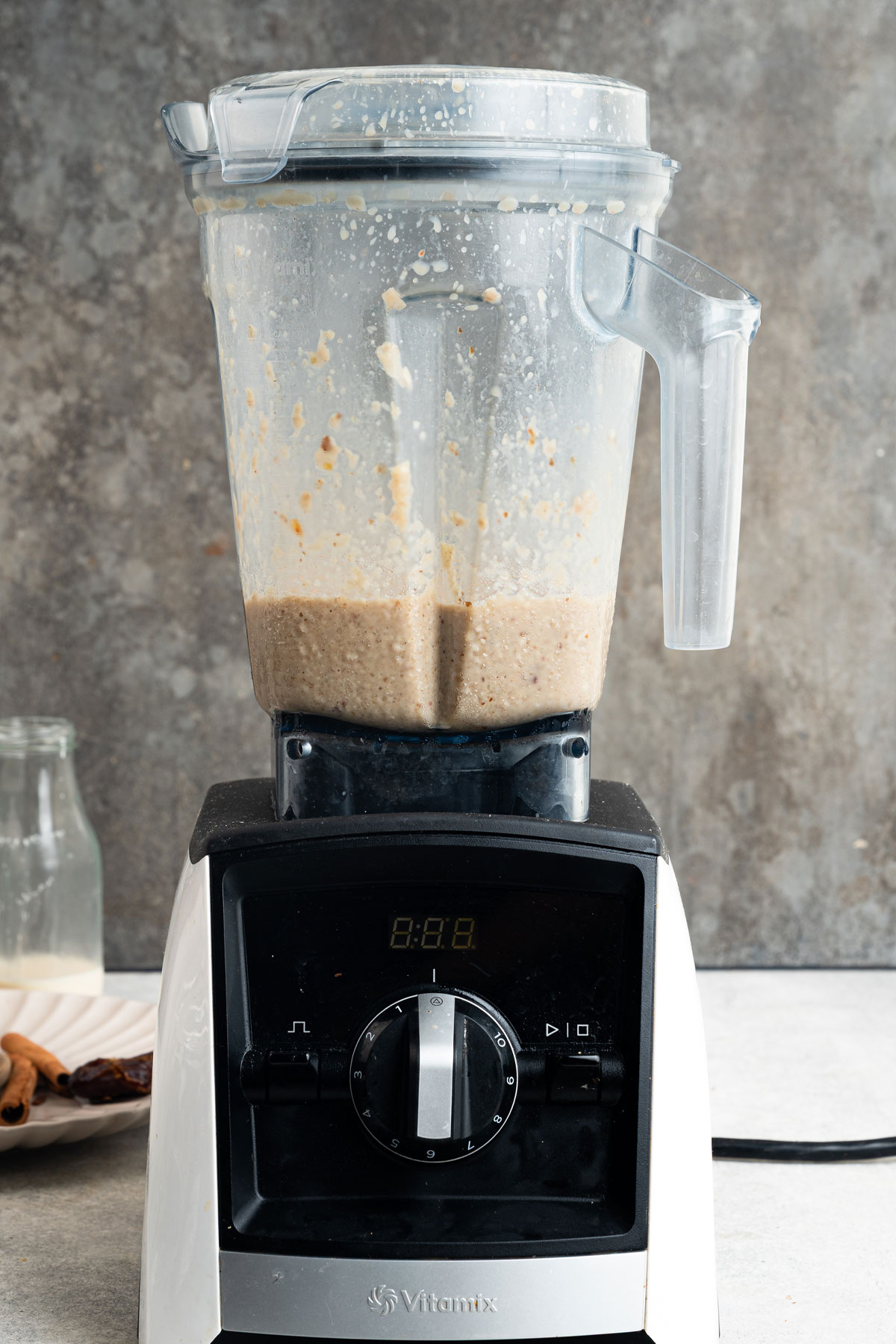 Blender on high speed mixing protein shake ingredients