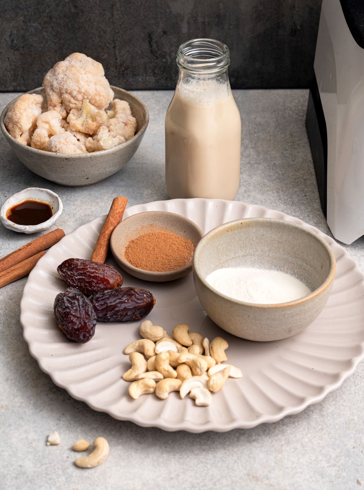 Ingredients to make vanilla protein shake recipe.