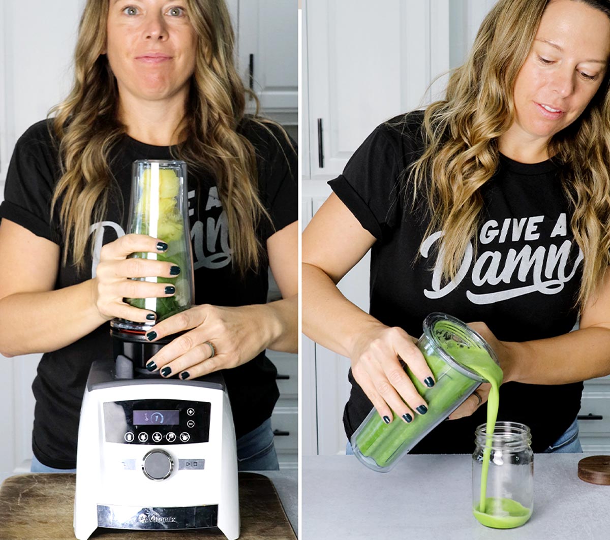 Woman in kitchen using the Vitamix Ascent A3500 with a green smoothie