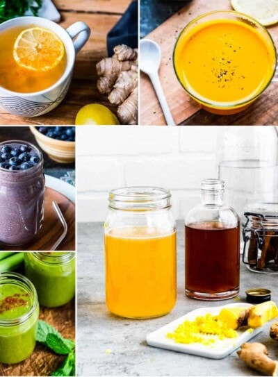 7 drinks for weight loss including ones with lemon, turmeric, berries, apple cider vinegar and ginger.