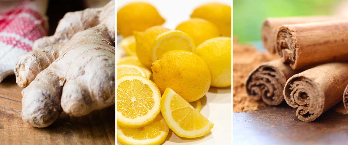 3 images of great detox ingredients including fresh ginger, lemon and cinnamon sticks.