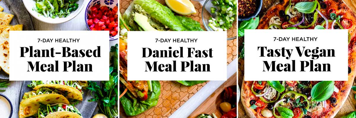 3 photos showing free meal plans including the plant-based meal plan, daniel fast meal plan and vegan meal plan