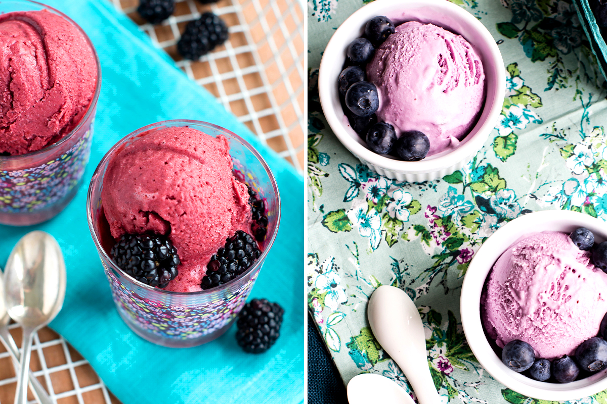 Side by side comparison photos of red fruit sorbet verses a purple blueberry ice cream.