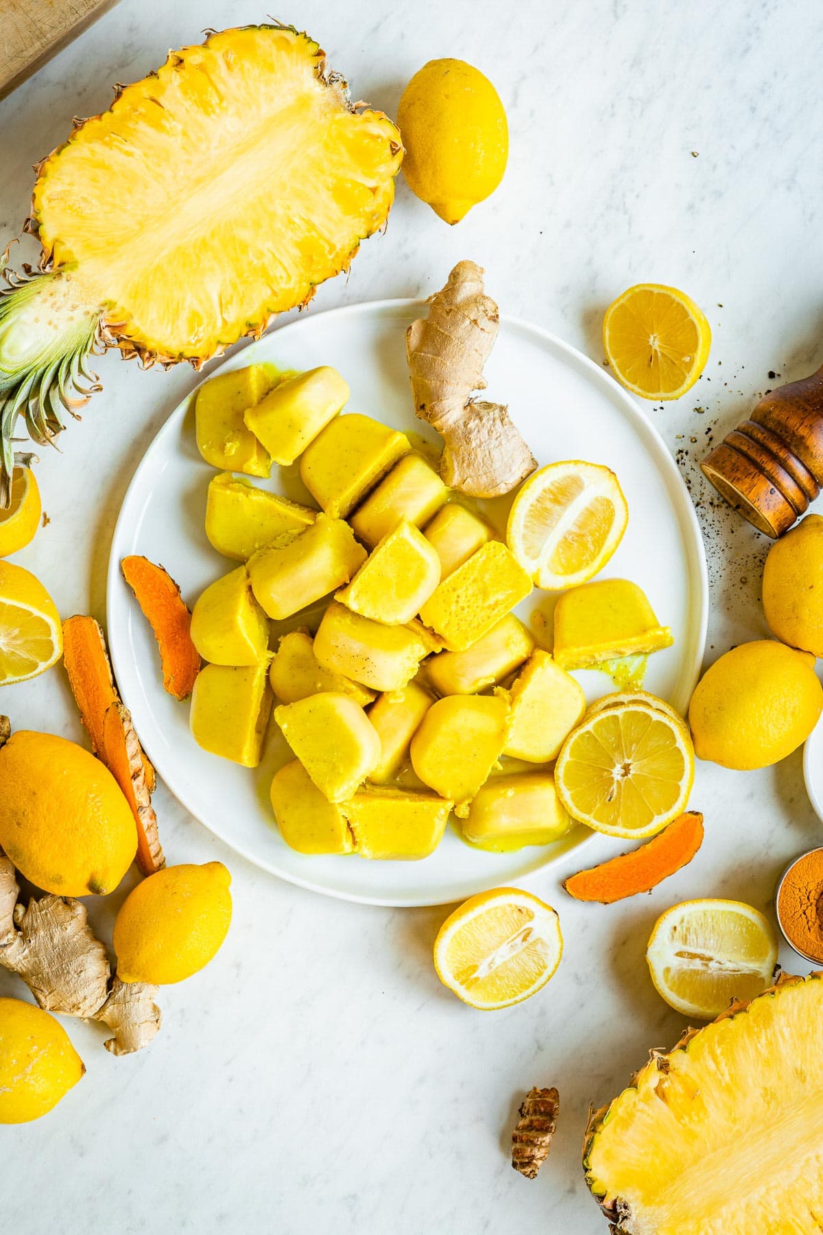 white plate of yellow blender bombs.