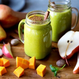 Butternut squash smoothie recipe on table.