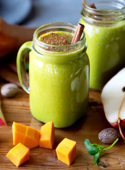 Butternut squash smoothie recipe on table.