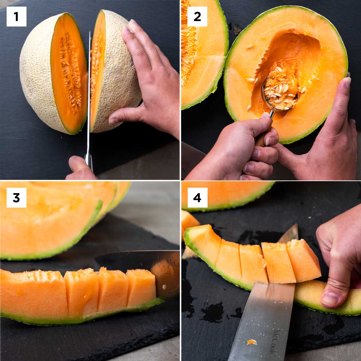 4 photos showing how to cut a cantaloupe: cut it in half long ways, then scoop out the seeds. Slice into wedges then dice off the rind.
