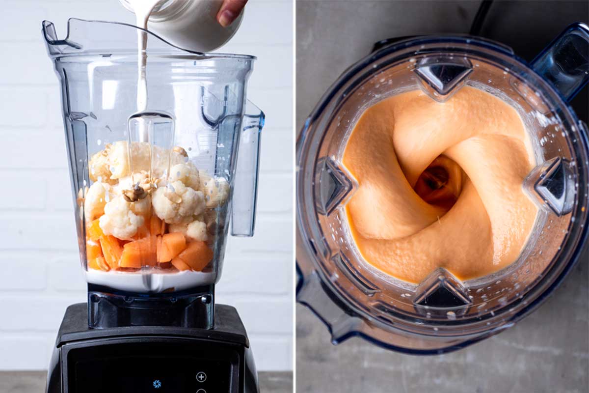 pouring cashew milk into a blender container full of smoothie ingredients, then blending the smoothie into a bright orange color.