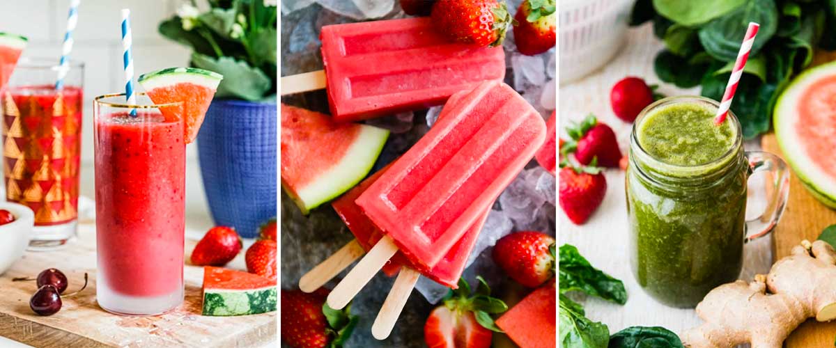 3 photos of whole food melon snacks including 2 smoothies and 1 set of popsicles.