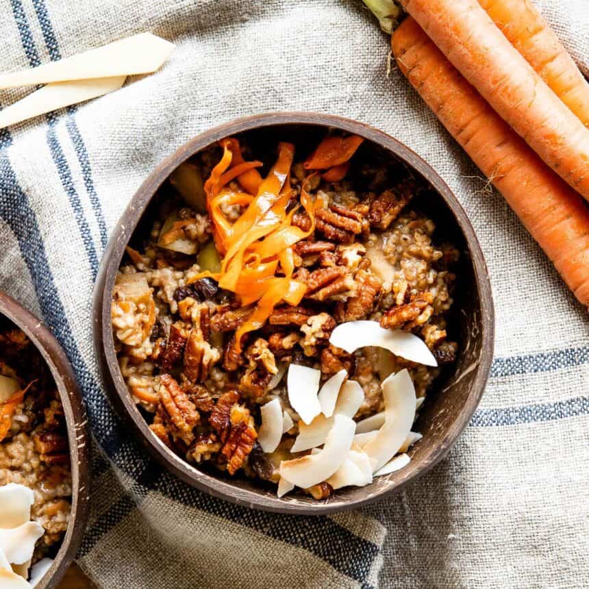 carrot cake steel cut oats recipe in bowl on table.