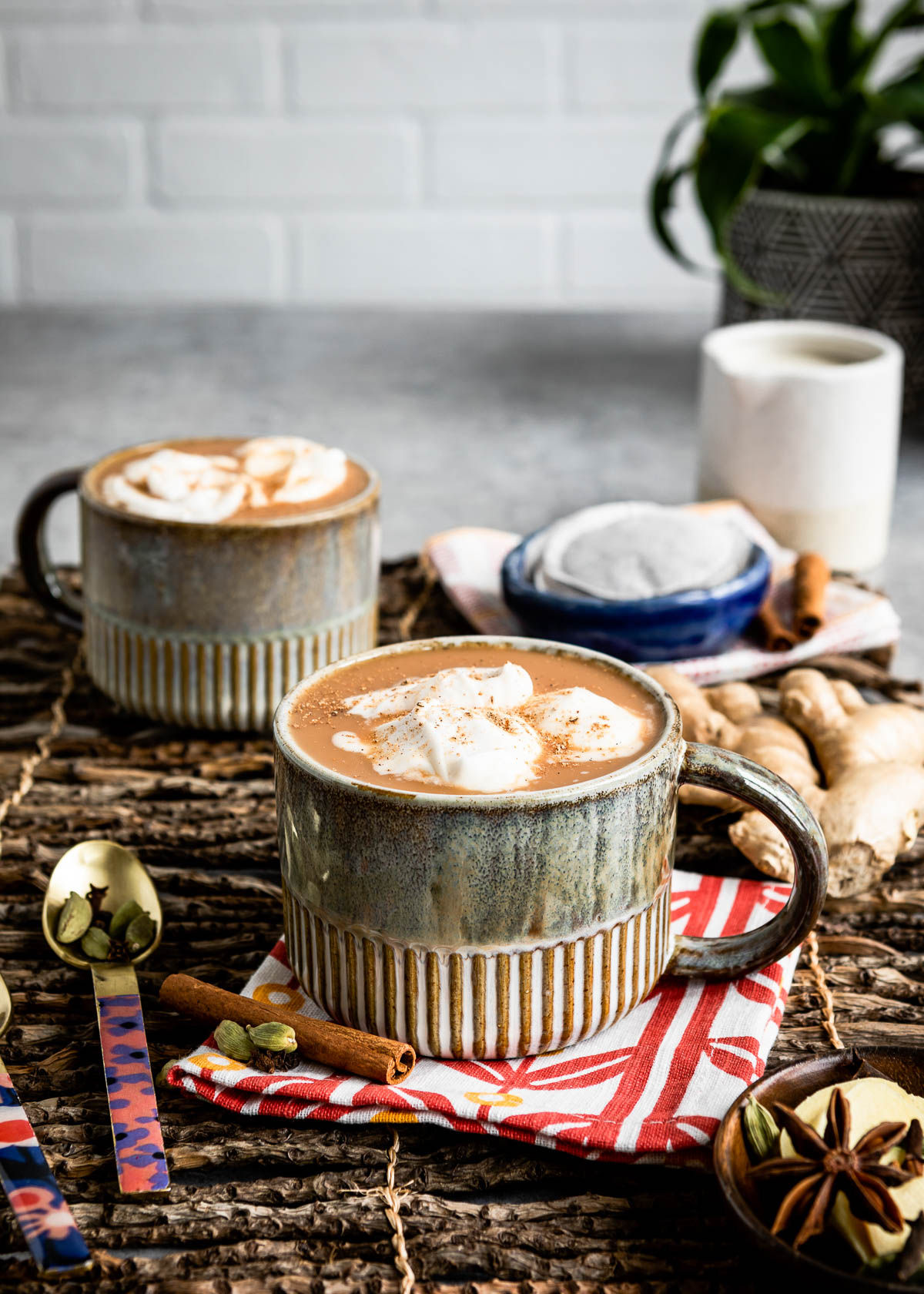 Warm chai tea latte in a ceramic mug