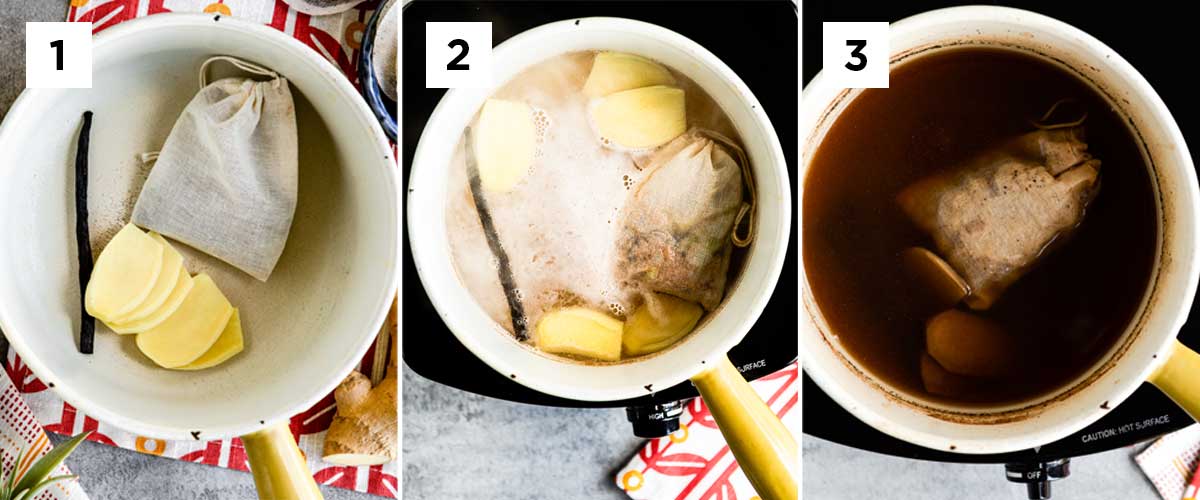 3 photos showing how to make the spiced water including adding the spices, fresh ginger and vanilla to a pot, adding water to bring to a boil, then simmering until all the flavors mix together