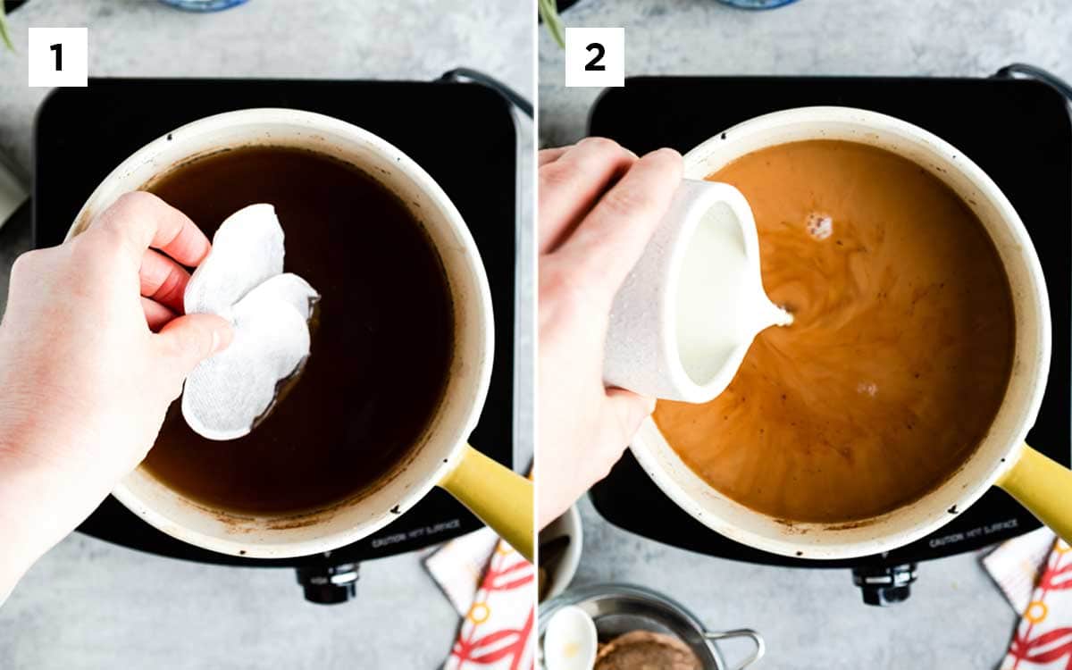 2 photos showing how to add tea bags to the spiced water mixture, then adding oat milk.