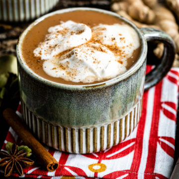 photo of a chai tea latte in a metal mug topped with homemade coconut whipped cream