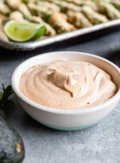 homemade chipotle ranch dressing in small white bowl.