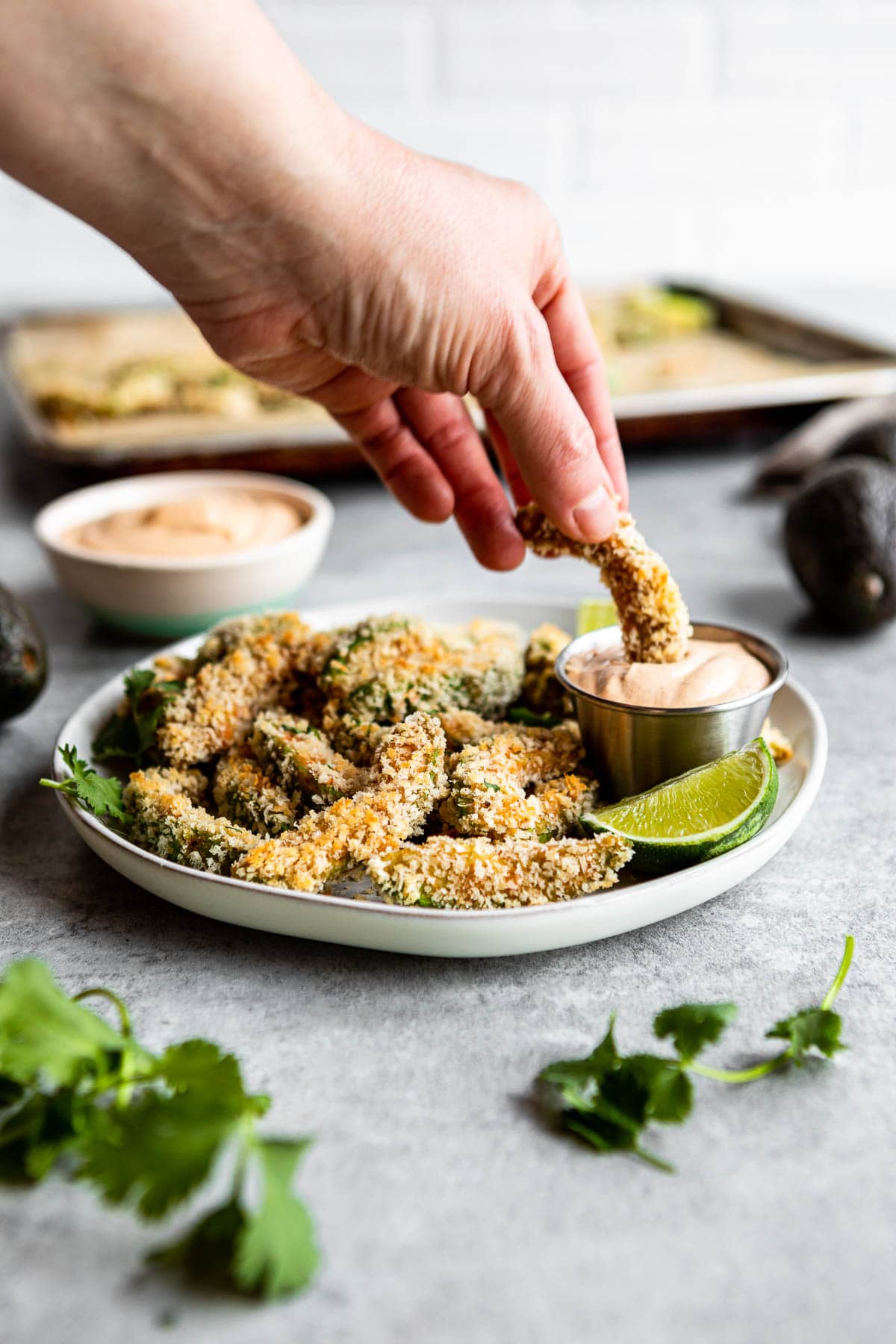 plate of avocado fries with vegan dipping sauce.