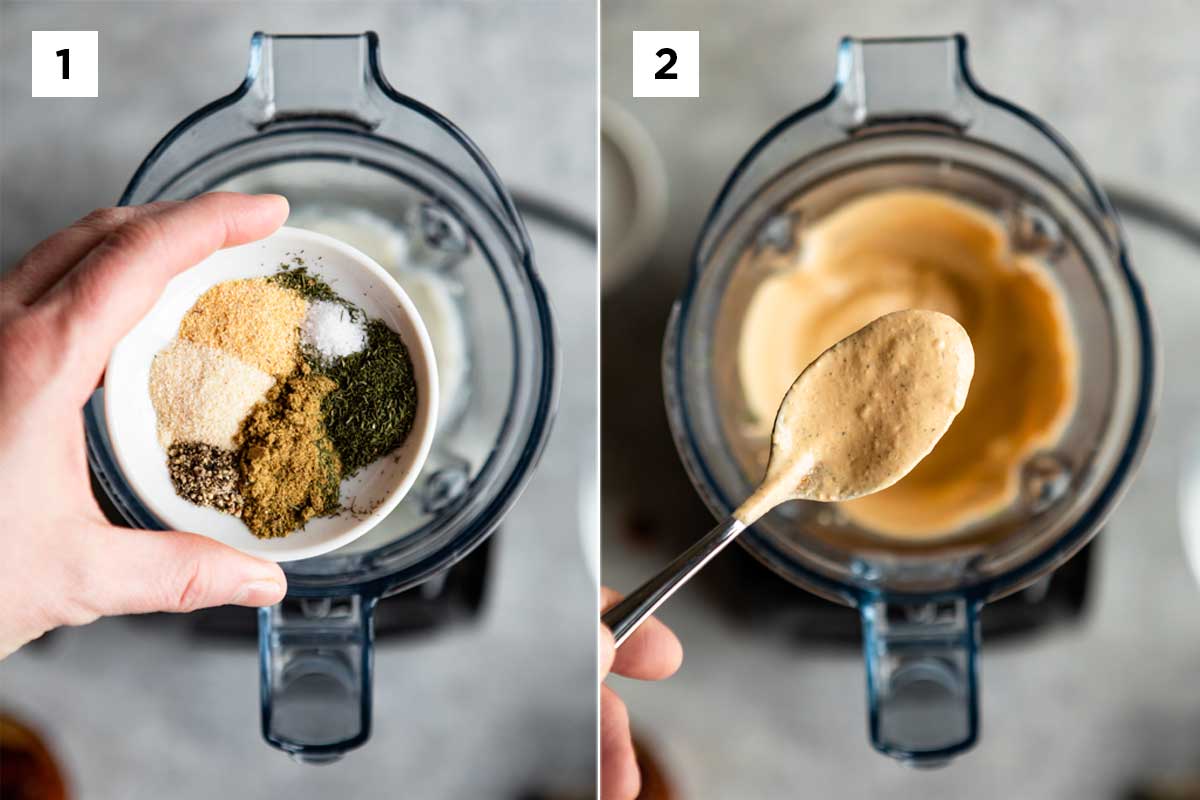 2 photos showing adding spices in blender, then smooth texture of dipping sauce after blending