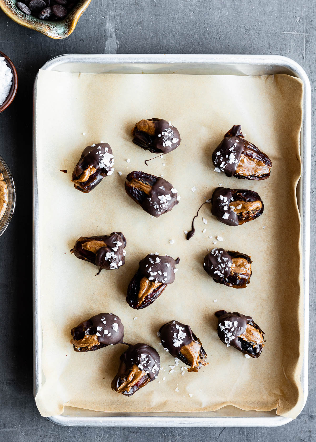 Medjool dates filled with almond butter, dipped in chocolate and sprinkled with sea salt. 