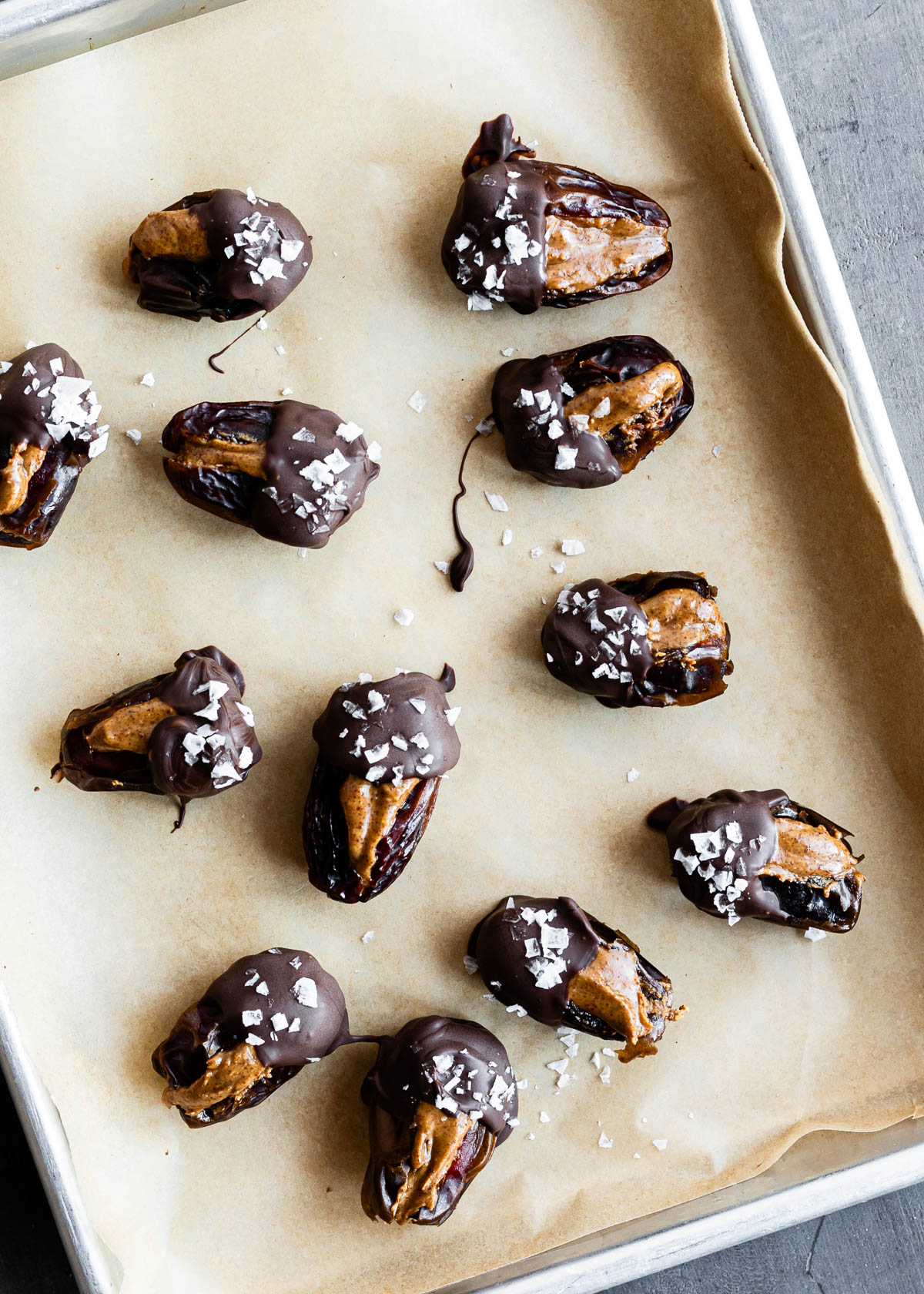 Chocolate-covered dates with almond butter filling.