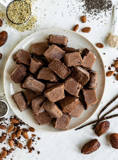 Plate of chocolate fiber smoothie cubes