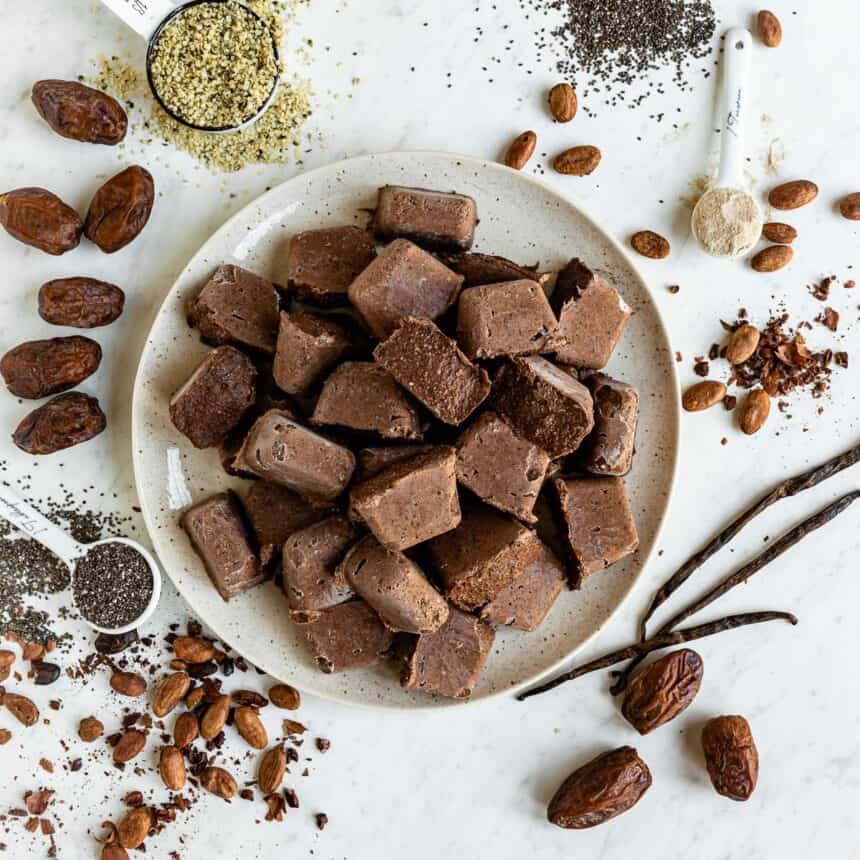 Plate of chocolate fiber smoothie cubes